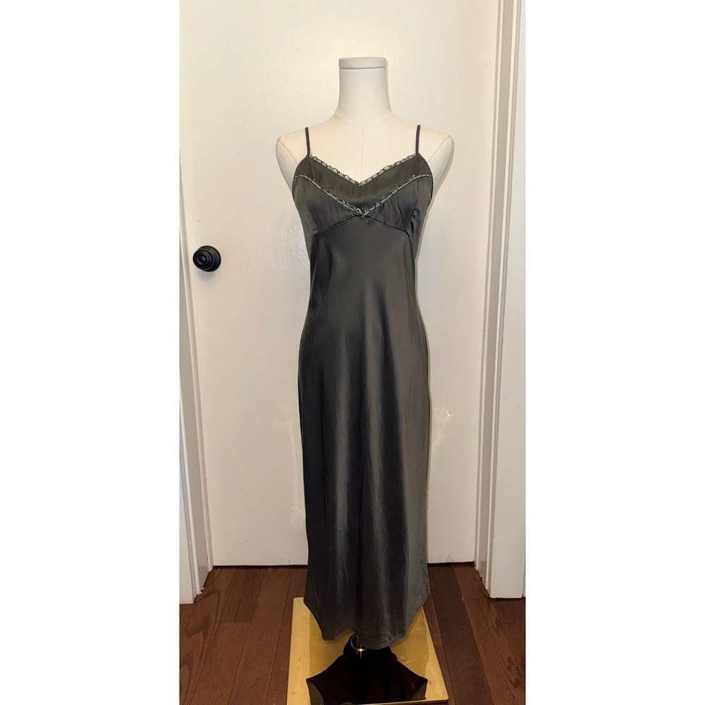 Atos Lombardini Silk Slip Dress Olive Green Grey Beaded Midi Made in Italy IT 44